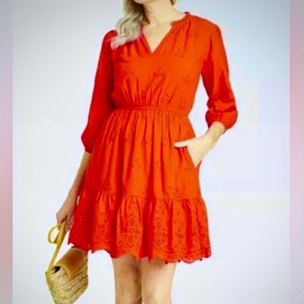 Knox Rose Orange Eyelet Embroidery Tiered Midi Dress Plus  3X NWT Boho Pocket